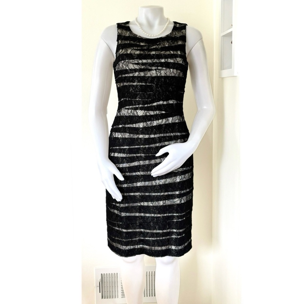 Calvin Klein black lace illusion sleeveless sheath dress